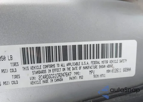 2012 Dodge Grand Caravan Sxt z USA, uszkodzony, nr VIN 2C4RDGCG1CR247647